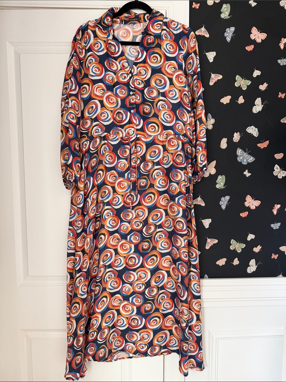 J McLaughlin Abstract Swirl Print Long Sleeve Dress - Navy & Orange. Size M
